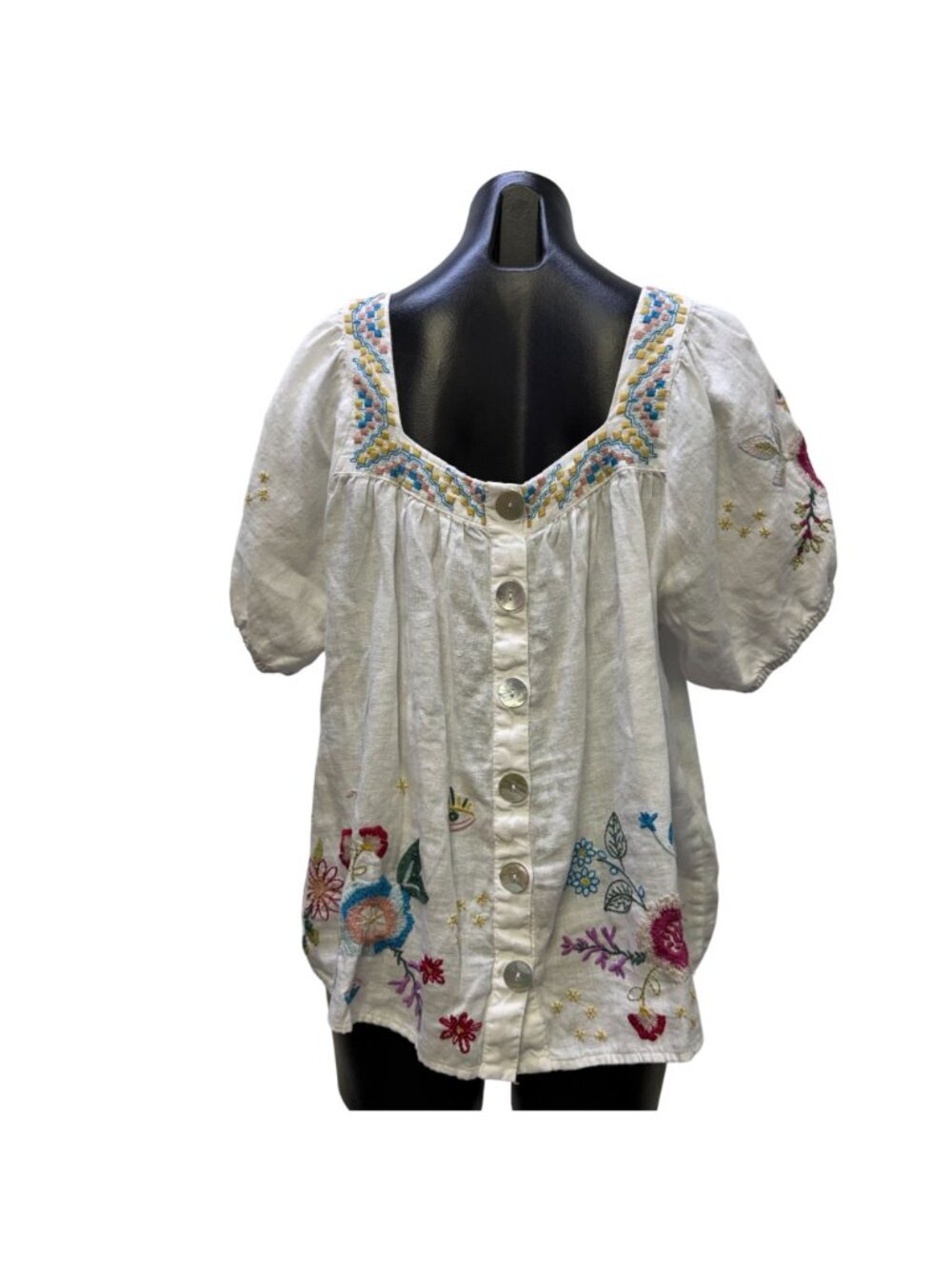 Johnny Was Linen Blouse White Multi Embroidered Floral XL - Picture 2 of 7
